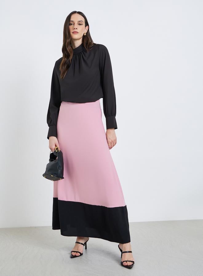 Styli Women Contrast Hem Color Block Maxi Skirt - Image 5